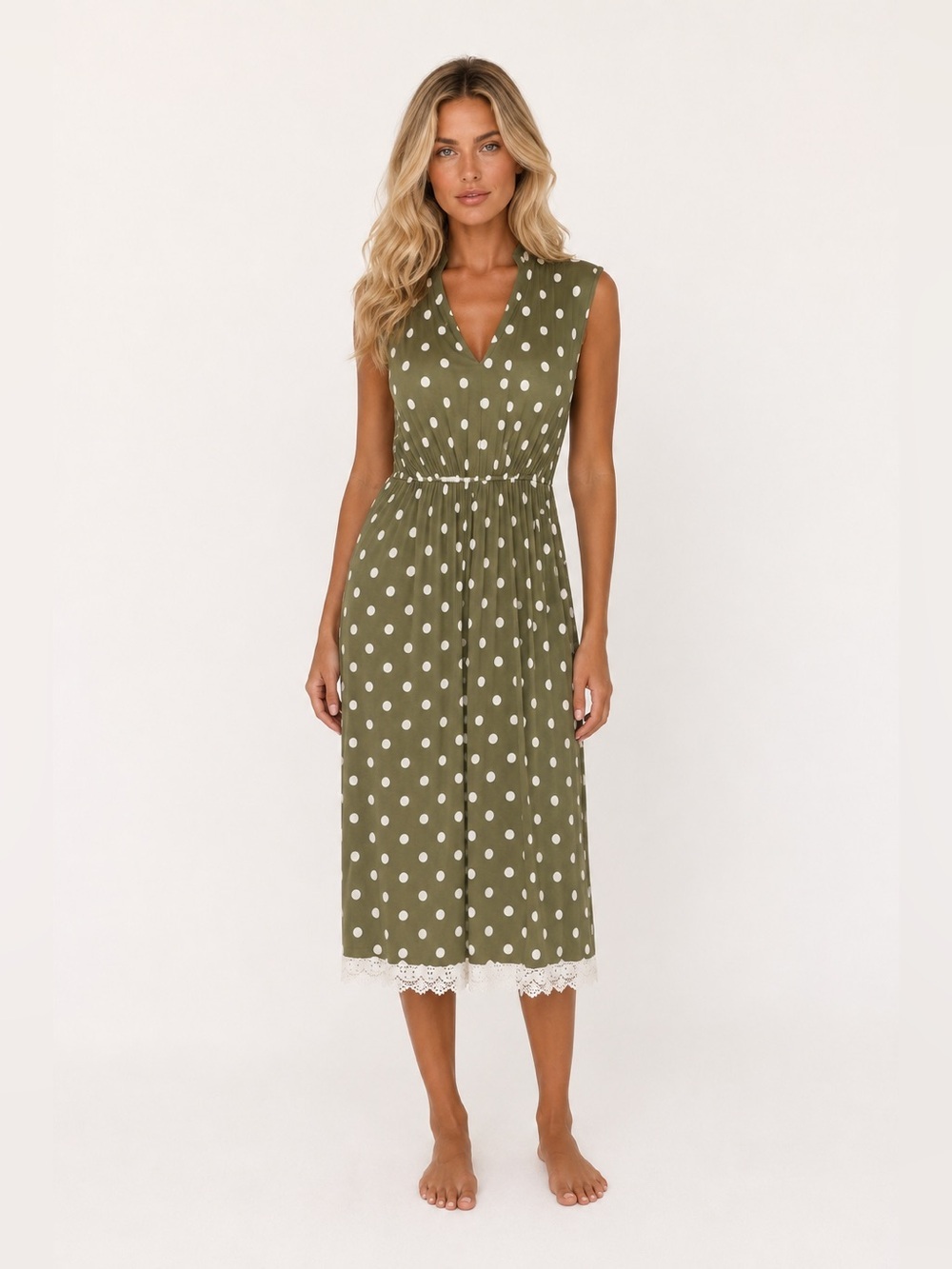 Matilda Jane Polka Dot Midi Dress Sleeveless Olive White Lace Trim Boho Feminine